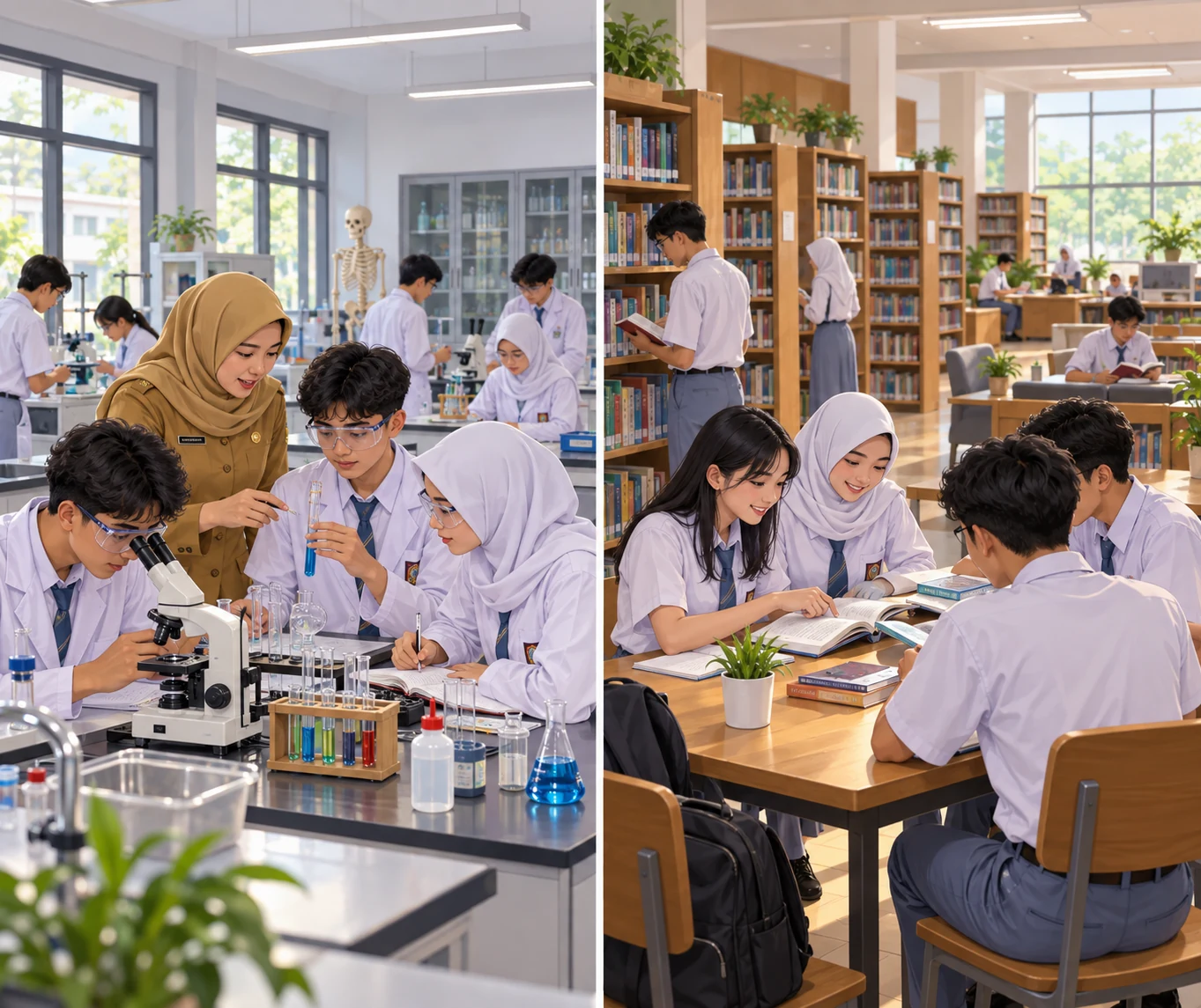 Ilustrasi laboratorium dan perpustakaan sekolah